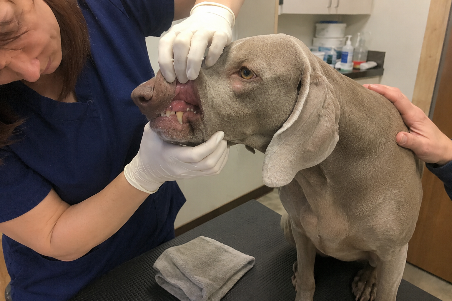 Veterinářka kontroluje horní zuby psa s otokem pod okem
